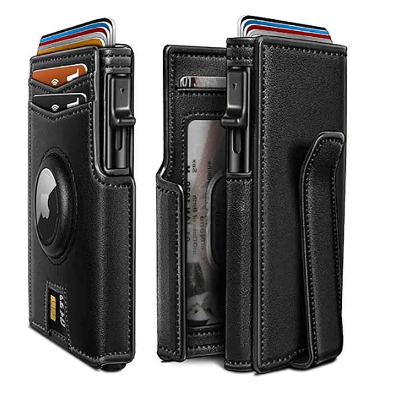 Men'S Genuine Pickup Bag RFID anti Theft Brush Magnetic Tape Airtag Positioning Slot Automatic Pop up Metal Wallet