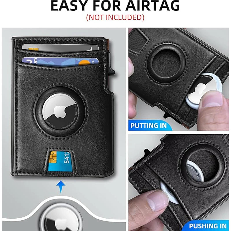 Men'S Genuine Pickup Bag RFID anti Theft Brush Magnetic Tape Airtag Positioning Slot Automatic Pop up Metal Wallet