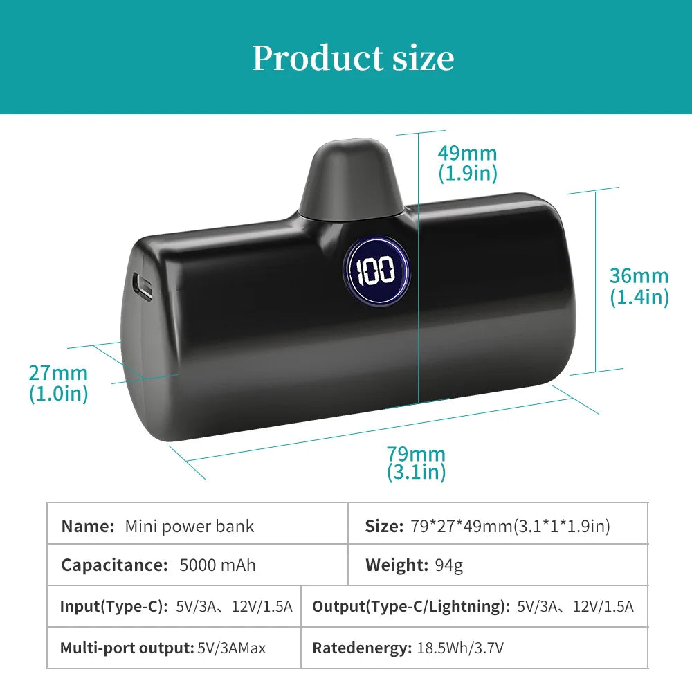 Mini Power Bank 5000Mah Poratable Fast Charge Wireless Type-C/Lightning Plug External Battery Powerbank