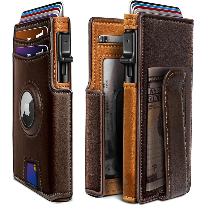 Men'S Genuine Pickup Bag RFID anti Theft Brush Magnetic Tape Airtag Positioning Slot Automatic Pop up Metal Wallet