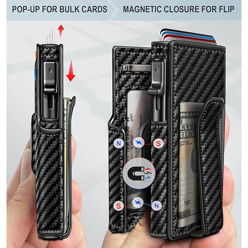 Men'S Genuine Pickup Bag RFID anti Theft Brush Magnetic Tape Airtag Positioning Slot Automatic Pop up Metal Wallet