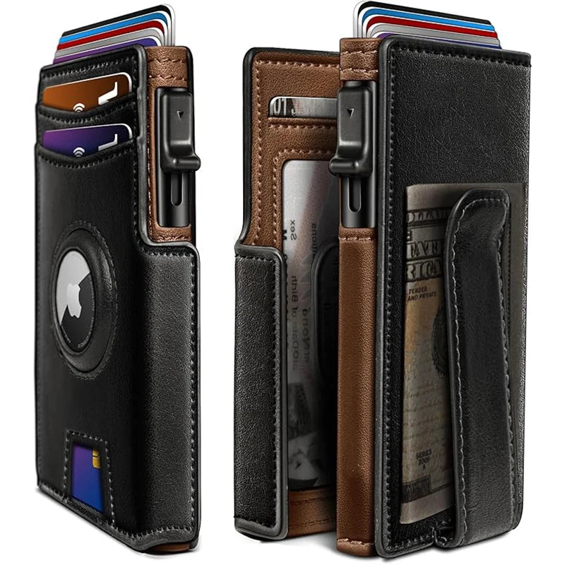 Men'S Genuine Pickup Bag RFID anti Theft Brush Magnetic Tape Airtag Positioning Slot Automatic Pop up Metal Wallet