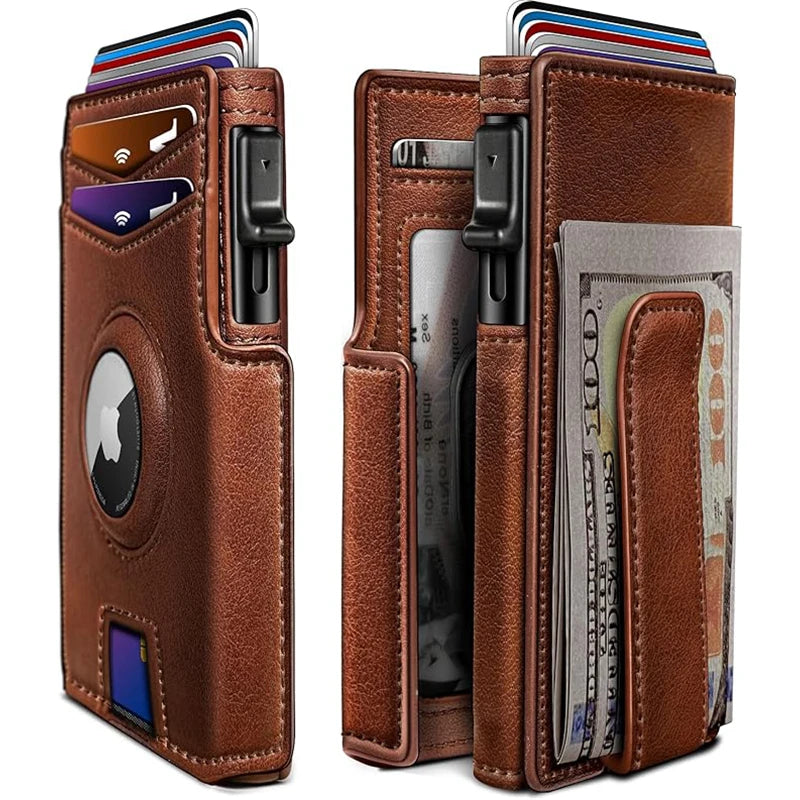 Men'S Genuine Pickup Bag RFID anti Theft Brush Magnetic Tape Airtag Positioning Slot Automatic Pop up Metal Wallet