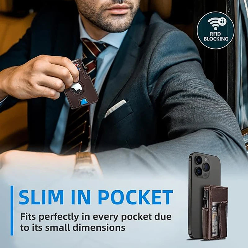 Men'S Genuine Pickup Bag RFID anti Theft Brush Magnetic Tape Airtag Positioning Slot Automatic Pop up Metal Wallet