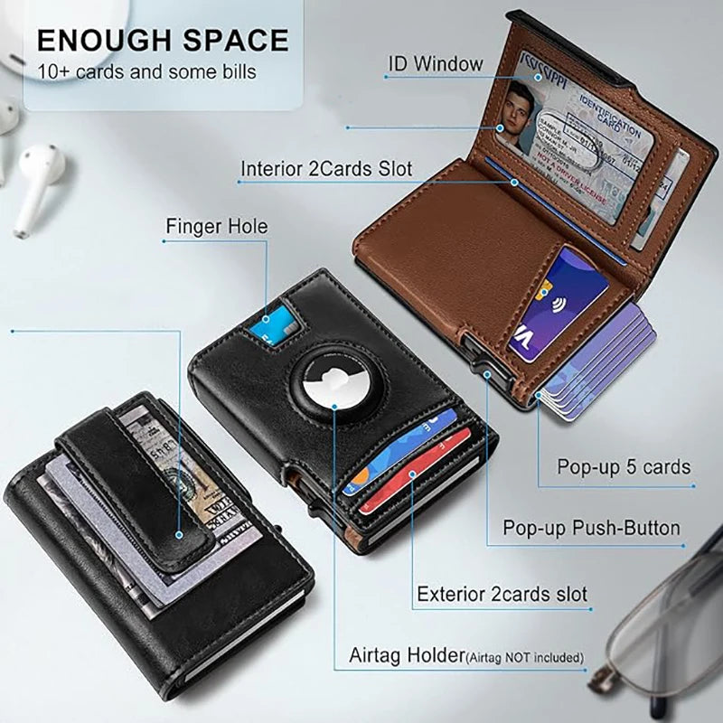 Men'S Genuine Pickup Bag RFID anti Theft Brush Magnetic Tape Airtag Positioning Slot Automatic Pop up Metal Wallet