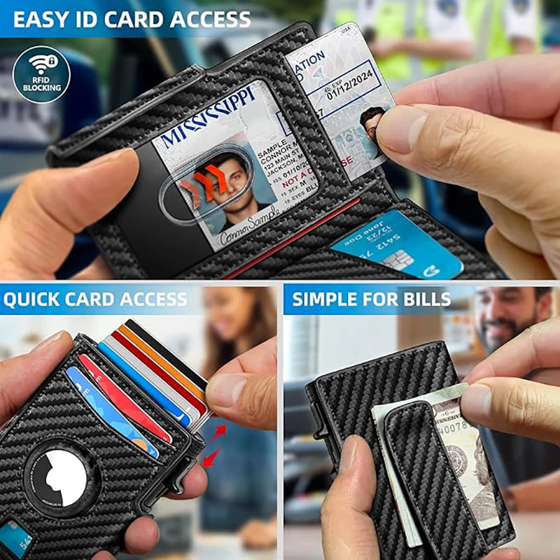 Men'S Genuine Pickup Bag RFID anti Theft Brush Magnetic Tape Airtag Positioning Slot Automatic Pop up Metal Wallet